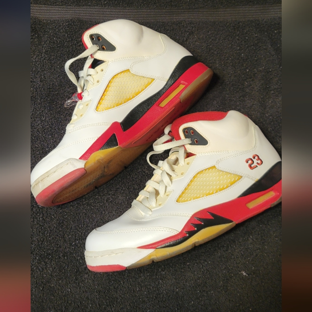 Men's White and Red Retro 5 Jordans Basketball Sneakers with Yellow Accents